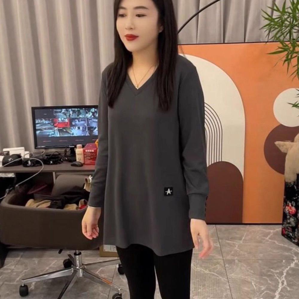 Plus Size Women's Double-Sided Velvet & Fleece Split Sleeve Autumn Winter Slimming Base Layer Top
