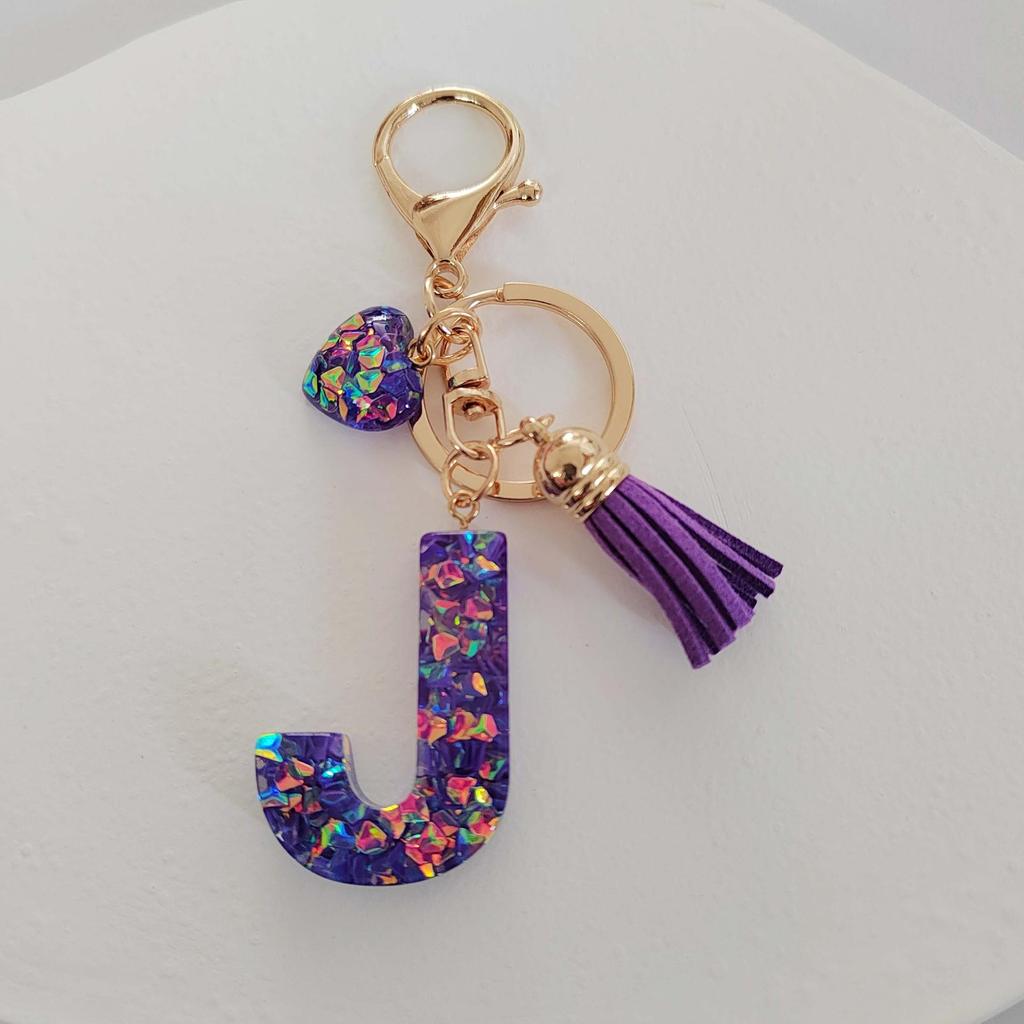 Candy Color Sequin Letter Keychain with Iridescent Heart and Tassel Charm