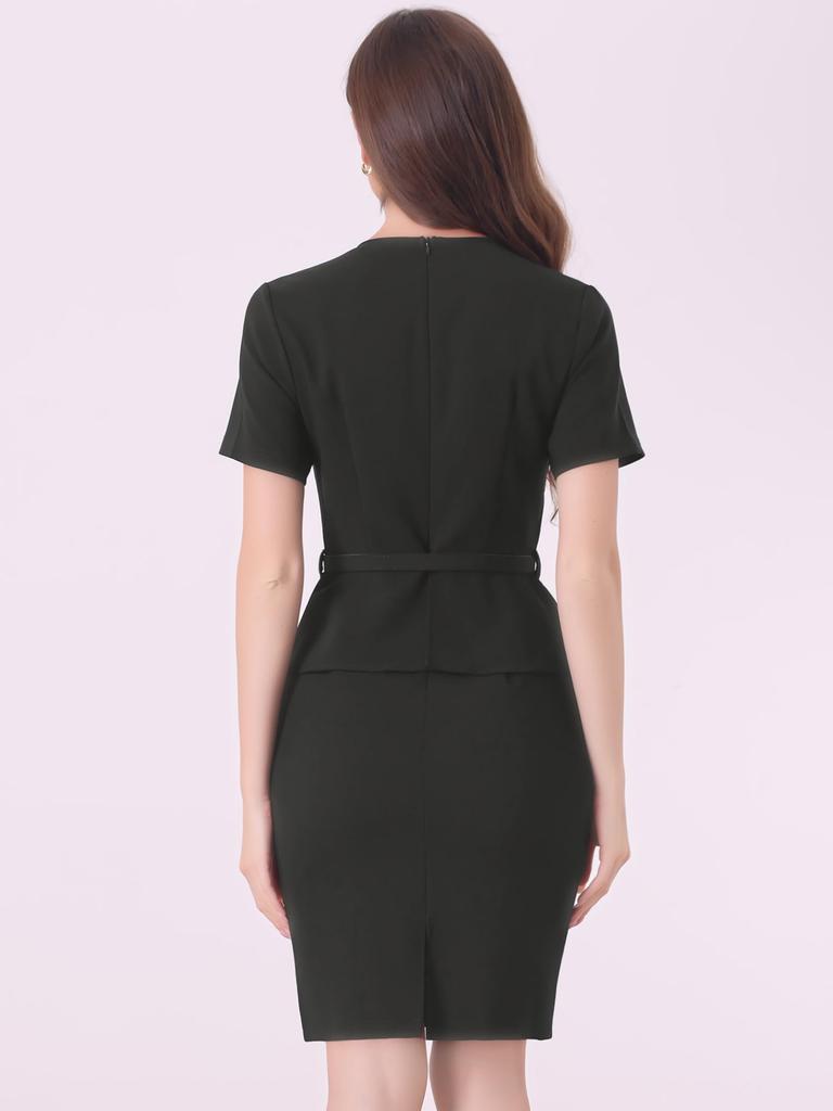 Allegra K Women's Vintage Office Dress, Belted, V-Neck, Faux Two-Piece, Slim Fit, Casual, Short Sleeve, Black, Size XS