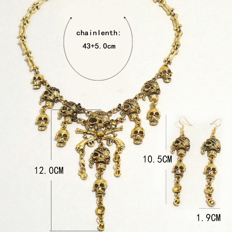 1pc Punk Retro Skull Necklace & 2pcs Earrings Halloween Party Exaggerated Jewelry Set for Women