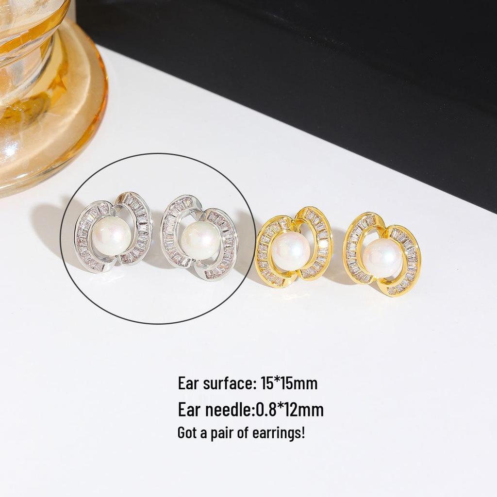 Gold-Plated Crescent Pearl Zirconia Stud Earrings: Starry River Light Luxury Commute Versatile Design