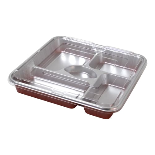 Fukusuke Mokko Food Packs with Dividers, 3-Pack, Silver and Vermilion, 27cm x 27cm x 4cm, Made in Japan, Commercial Use, Takeout Containers, Disposabl