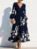 Frühling neue europäische und amerikanische Stil V-Ausschnitt bedrucktes Chiffon-Langarmkleid Damen Taille A-Linie Rock Urlaubsstil langes Kleid