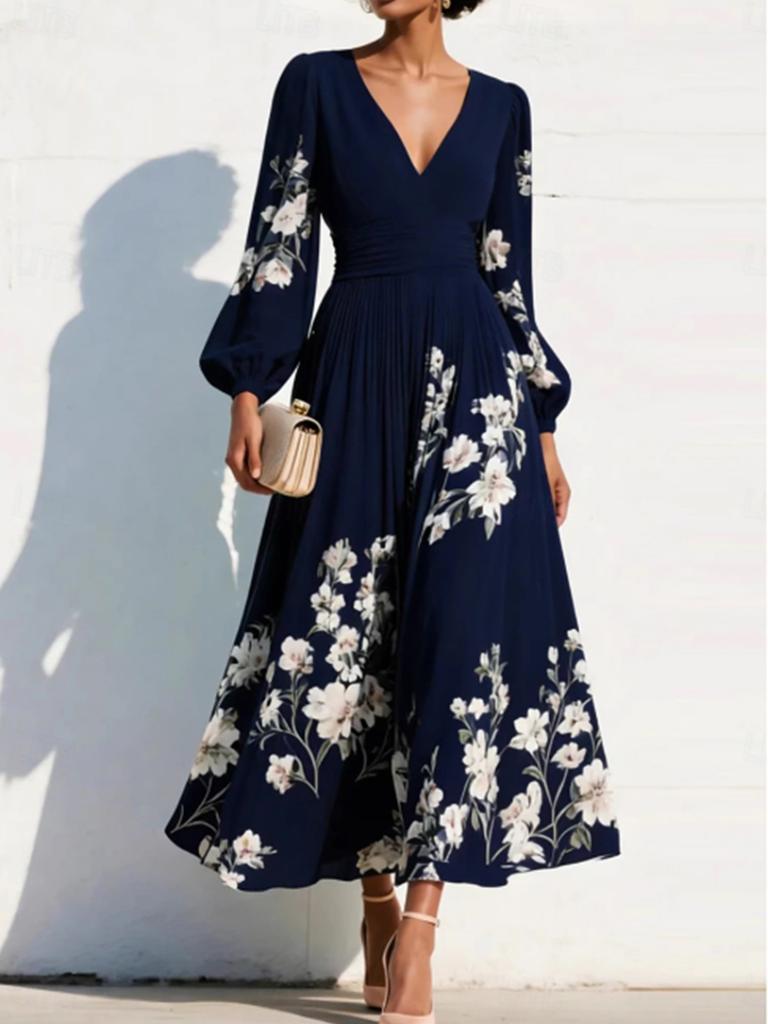Frühling neue europäische und amerikanische Stil V-Ausschnitt bedrucktes Chiffon-Langarmkleid Damen Taille A-Linie Rock Urlaubsstil langes Kleid