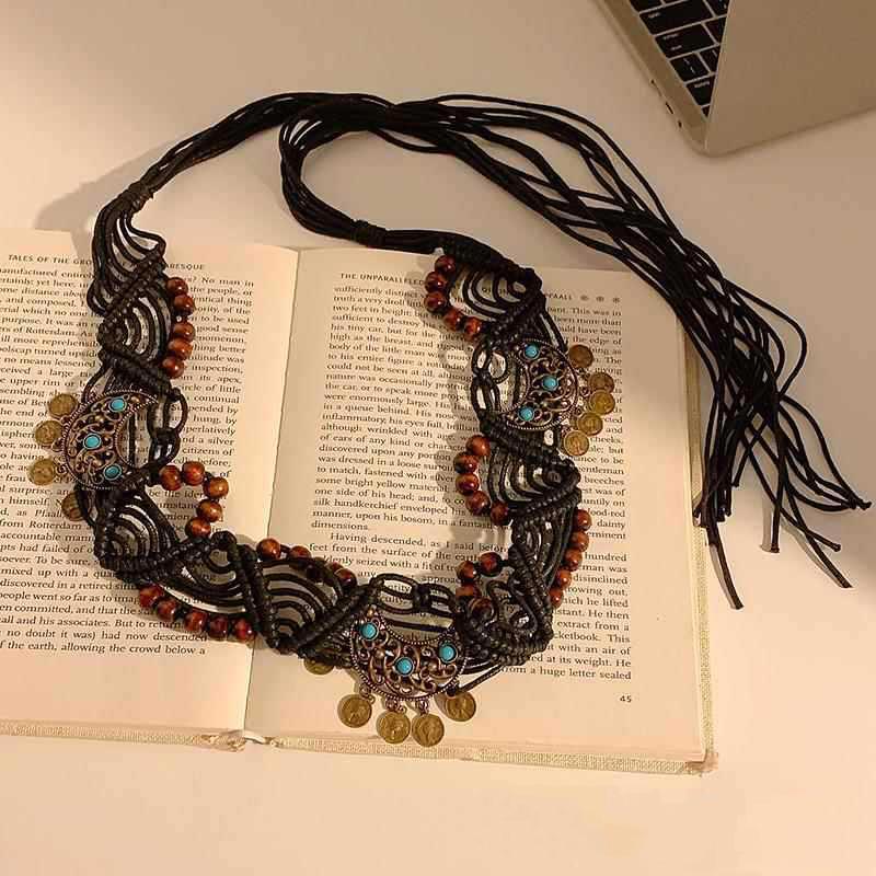 Bohemian Style Butterfly Blue Water Diamond Waist Woven Handmade Wooden Bead Belts Y2K Retro Belt Waist Chain Accessory Skirt