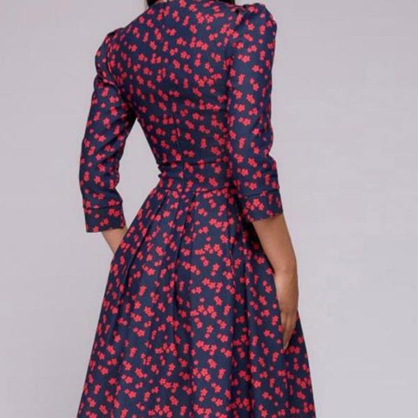 Women Elegent Dress Vintage Printing Party Three Quarter Sleeve Women Spring Dress