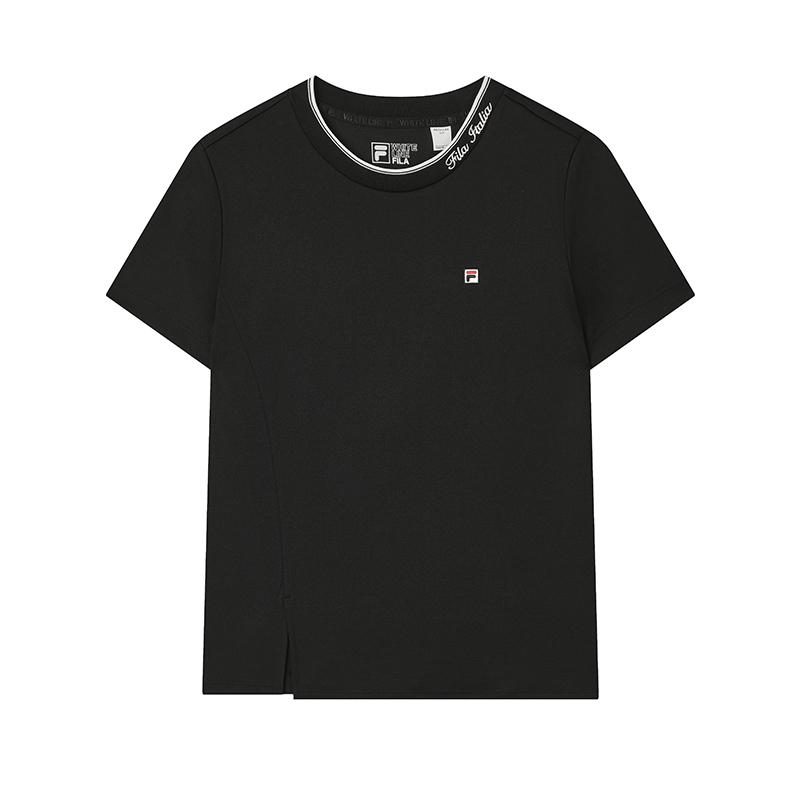 FILA Heritage Simple Casual Daily Versatile Comfortable Spliced Ribbed Neck Knit Short Sleeve Shirt Regular T-Shirt Women Tops Black F51W528101F-BK