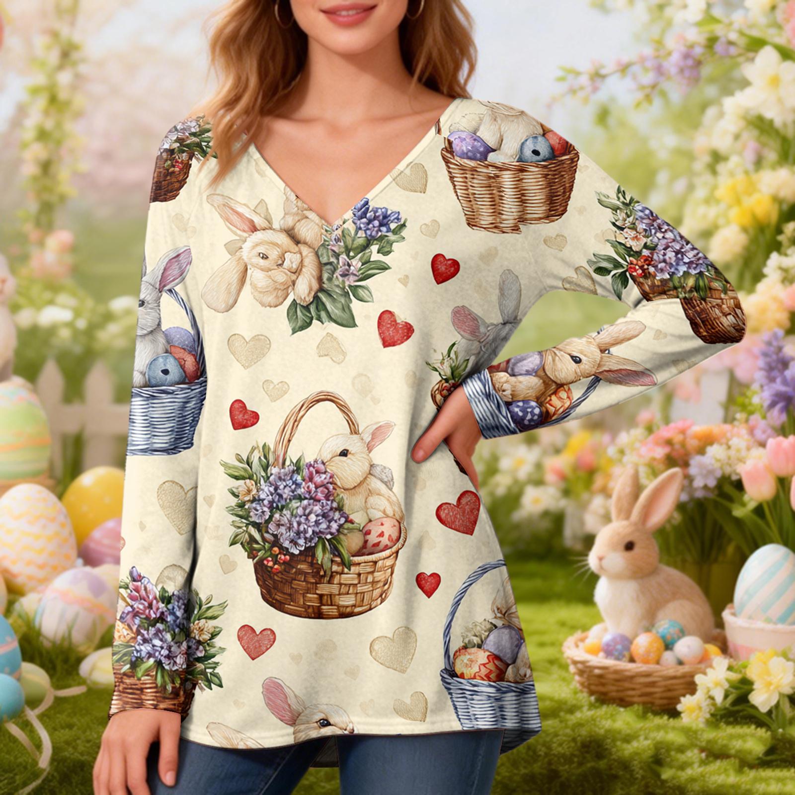 Women s Fashionable Casual Long-Sleeved Easter Print V-Neck Mid-Length Top L