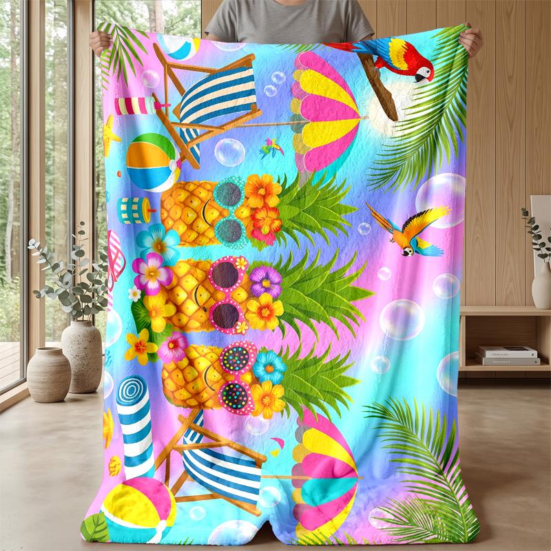 Peaches and Leaves Pattern Theme Blanket Lightweight Warm Flannel Blanket Decorative Throw Blanket for Home Decoration