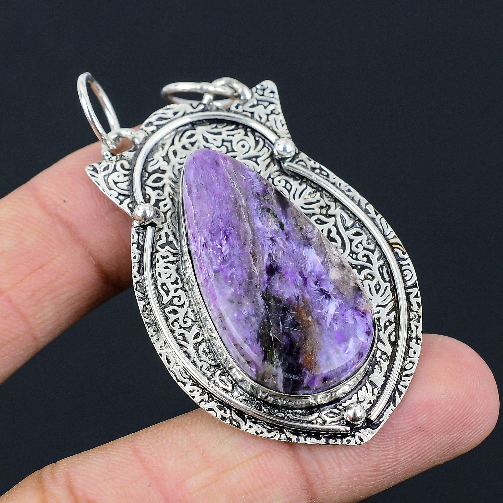 Natural Charoite Gemstone Pendant 925 Sterling Silver Indian Jewelry For Girls