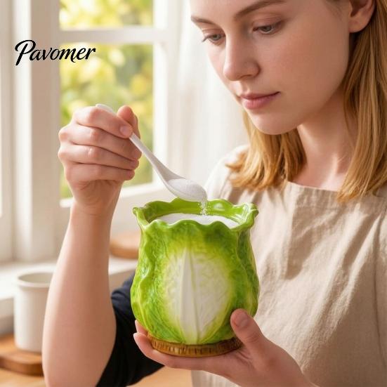 Cabbage Shape Spice Jar Ceramic Shaped Lard with Lid Spoon, 350ml Kitchen Sealed Condiment Server for Restaurant Seasoning Container, Multi