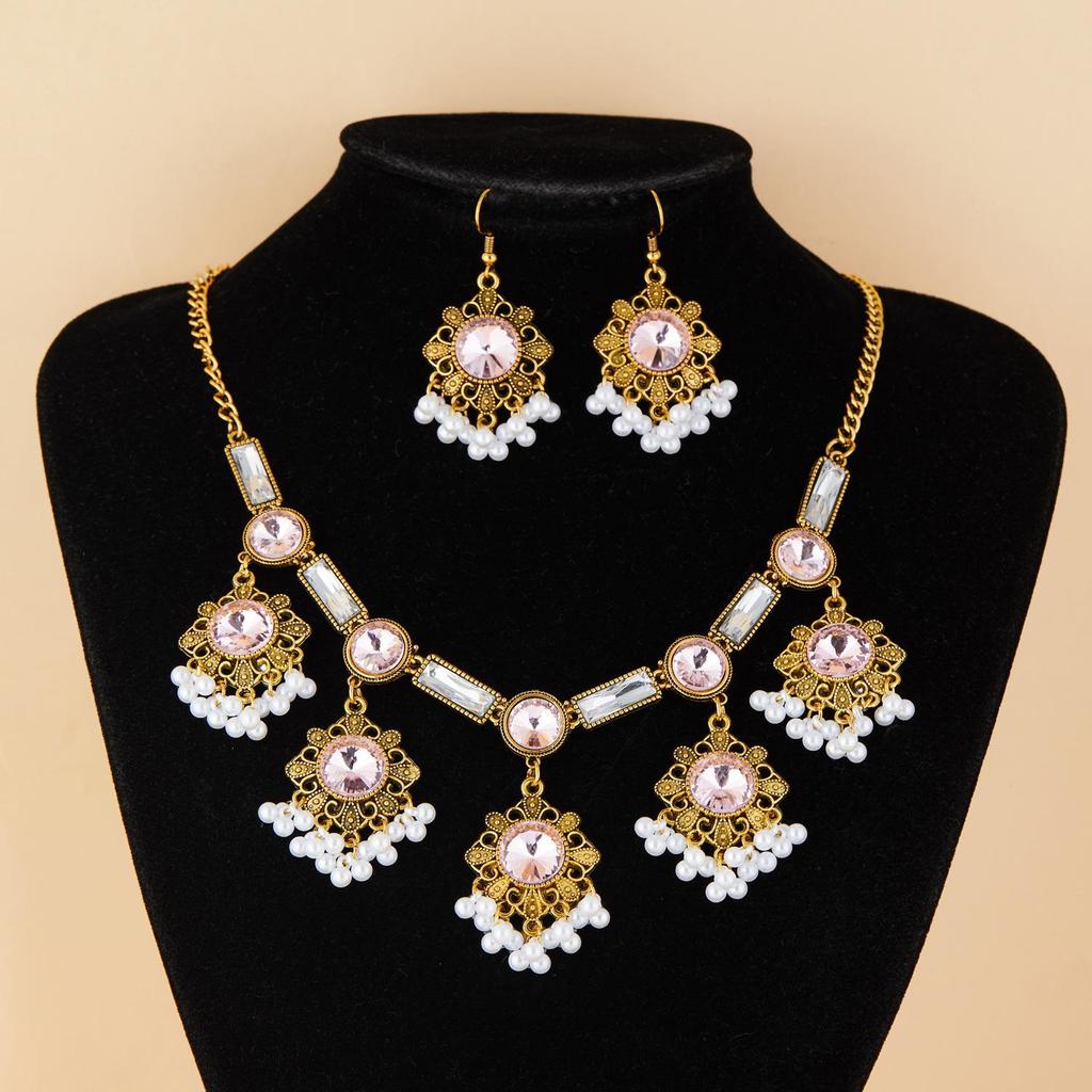 European & American Ethnic Geometric Gemstone Jewelry Set: Necklace & Earrings