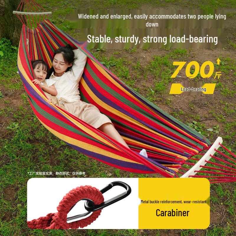 Thickened Outdoor Double Hammock with Solid Wood Spreader Bar