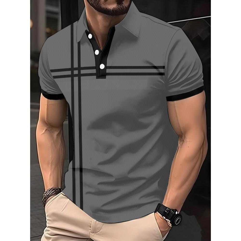 Men's short sleeved polo shirt 3D striped pattern print - street casual, fashionable and comfortable