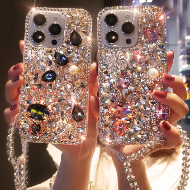 For Apple 17 Phone Case Luxury for IPhone 15 Rhinestone 13 Pearl 14 Rabbit Flower Light Luxury Women's Instagram