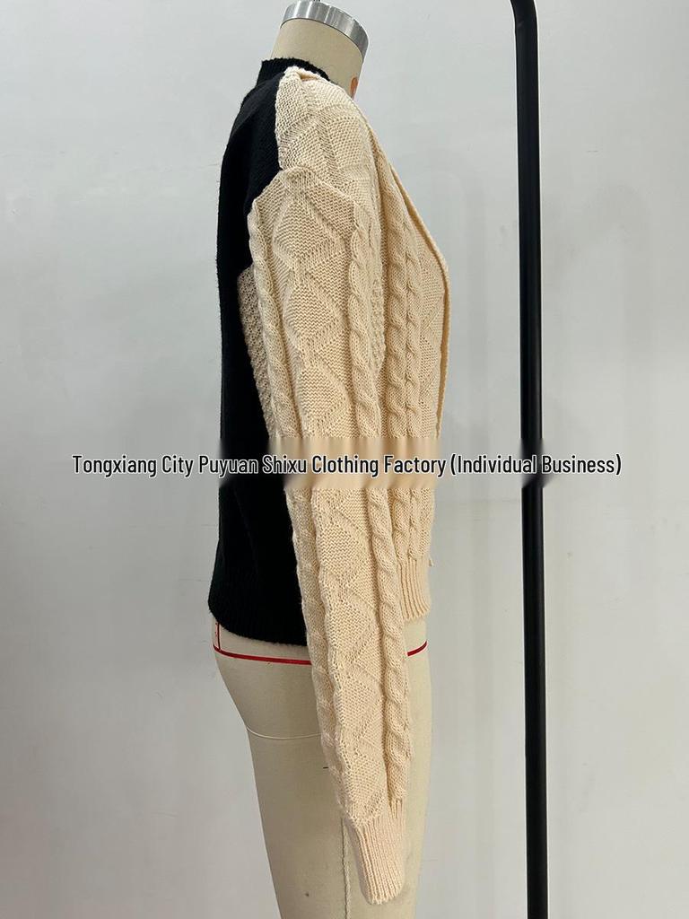 Women's Color Block Half-High Collar Cable Knit Sweater - Autumn/Winter European & American Loose Casual Style