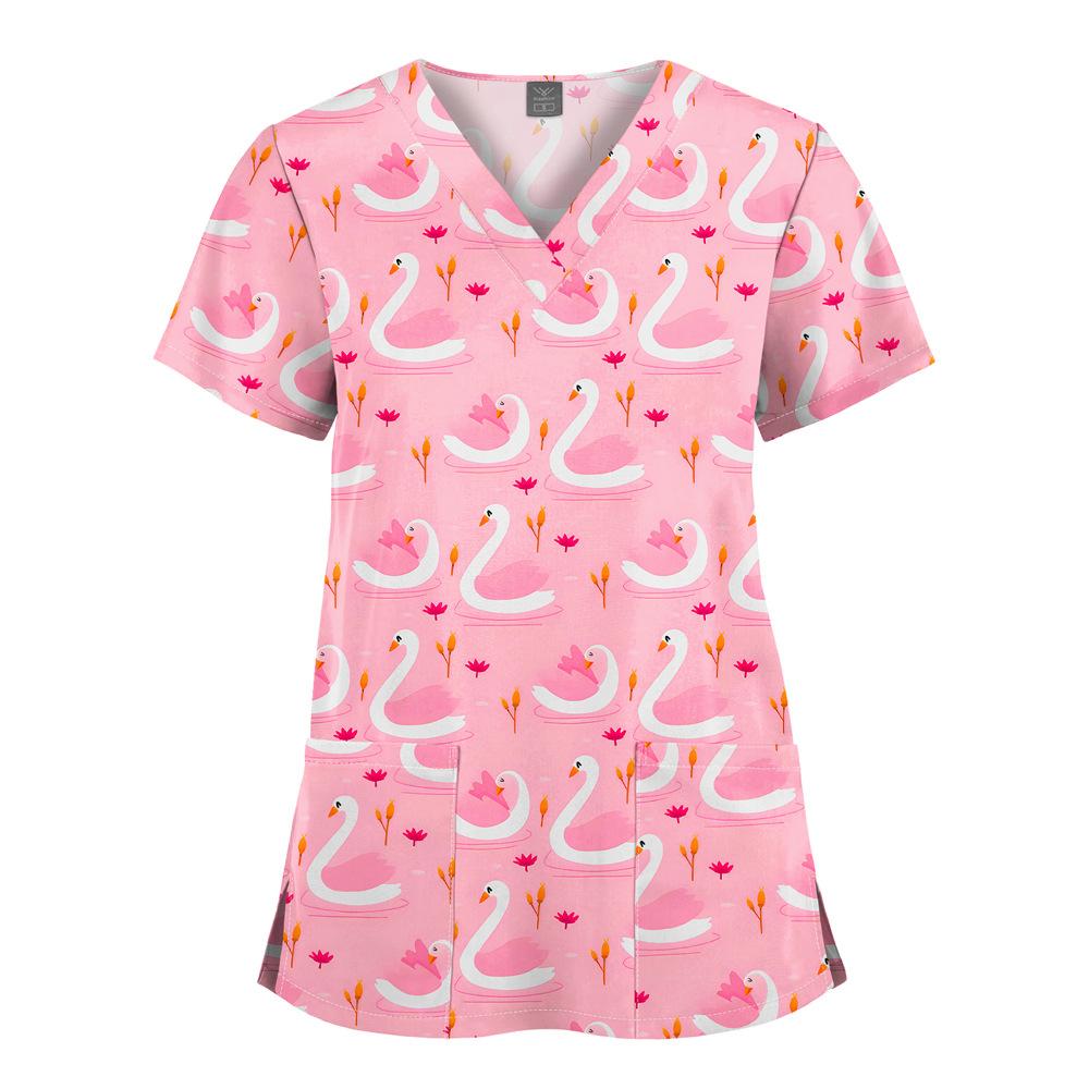 Quick-Drying Printed T-Shirt Short-Sleeved V-Neck Dental Oral Hand Wash Clothes Beauty Salon Pet Hospital Doctor Nurse Overalls