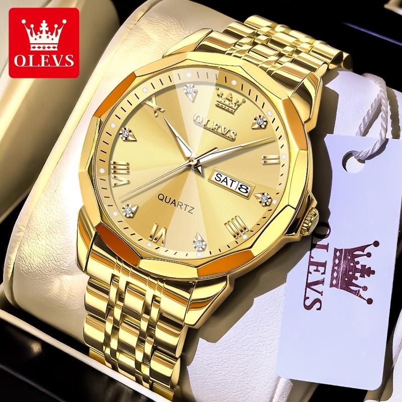 OLEVS Luxury Man Watch Solid Steel Strap Waterproof Men's Watches Fashion Rhombus Mirror Dual Calendar Quartz Wristwatches 9931