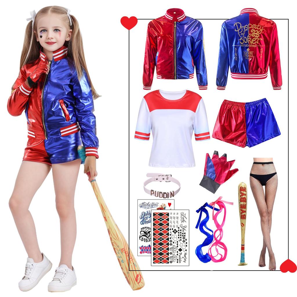 Formemory Harley Quinn Cosplay Costume, 8-Piece Set with Props for Kids and Adults, Perfect for Costumes, Christmas, or Birthdays (Coat, Pants, T-Shir