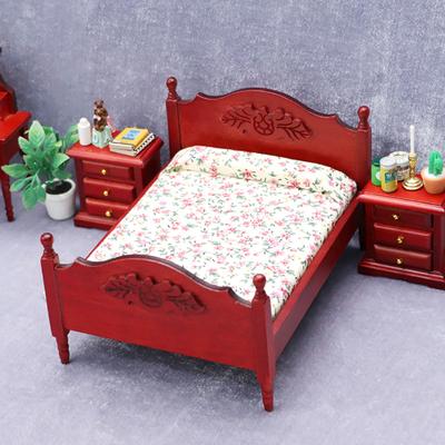 1:12 Dollhouse Bed Flower Design Miniature Furniture Wooden Bed Model Play House Toy for Micro Landscape