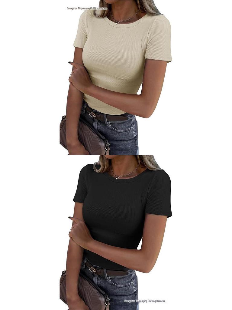 Women's Summer Ribbed Short Sleeve Stretchy Slim Fit Round Neck T-shirt