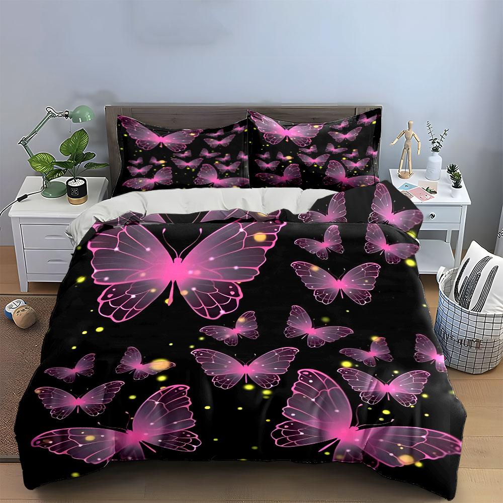 3Pcs Pink Glowing Butterfly Bedding Set, Translucent Butterflies with Sparkles Print Duvet Cover + 2 Pillowcases, Dreamy Decor
