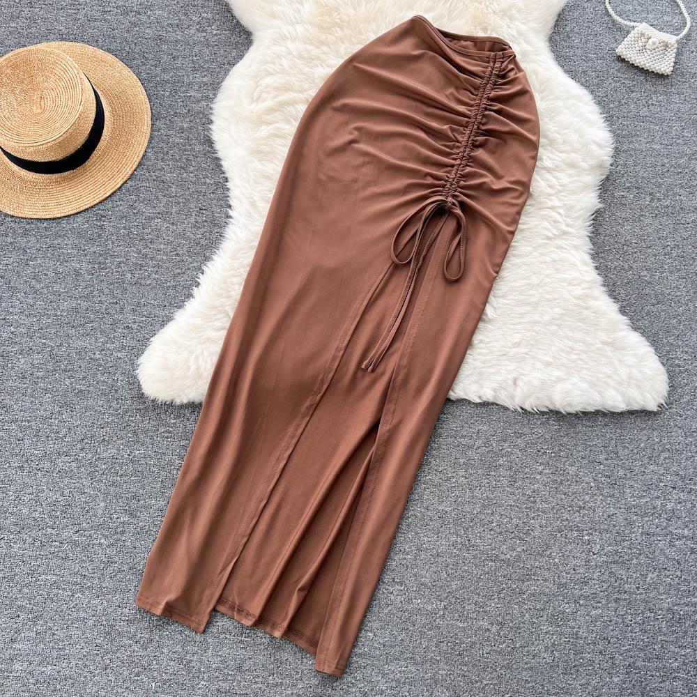 Two-Piece Suit Women's Summer Small Camisole High Waist Drawstring Slit Bag Hip Skirt