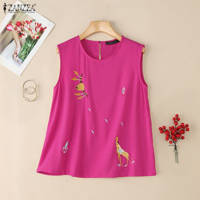 ZANZEA Women Casual Round Neck Sleeveless Embroidery Summer Tank Tops
