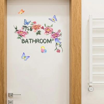 Bathroom Door Sticker Self-adhesive Wall Decals Beautiful Floral Butterfly Pattern Waterproof Door Decal for Home
