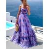 European and American Women Clothes Mesh Floral Print Three-dimensional Flower Decorative Sleeve Sling Oversized Swing Dress Long Dress
