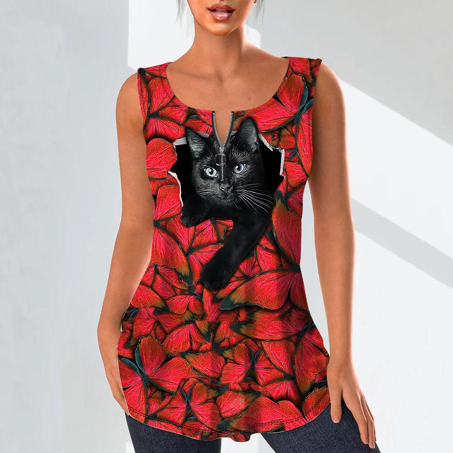 Women's Fashion V Neck Shirts Casual Tops T-shirt Ladies 3D Black Cat Print Vest Plus Size Sleeveless Blouse Tank Tops