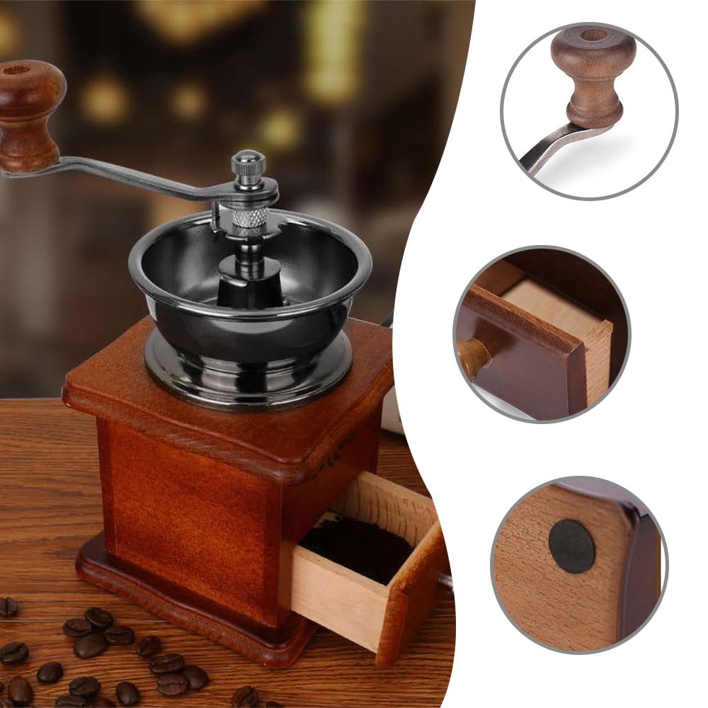 Portable Wooden Coffee Mill with Ceramic Mortar, 304 Steel Spoon and Brush Included, Compact, Lightweight, Portable, Easy To Clean, and Adjustable