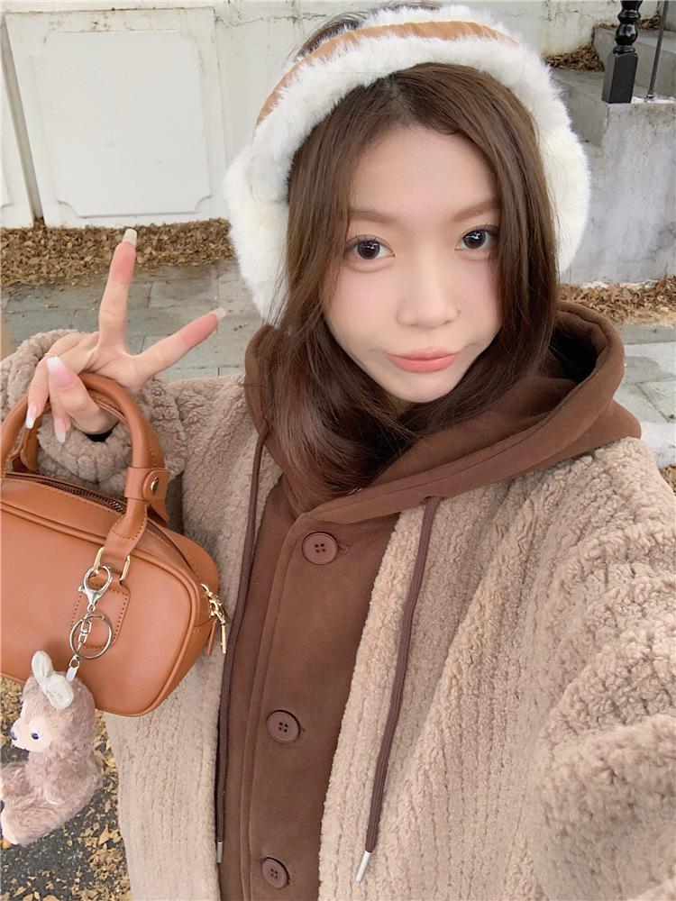 Women's Faux Two-Piece Hooded Lamb Wool Coat - Thick, Stylish Korean Winter Long Coat