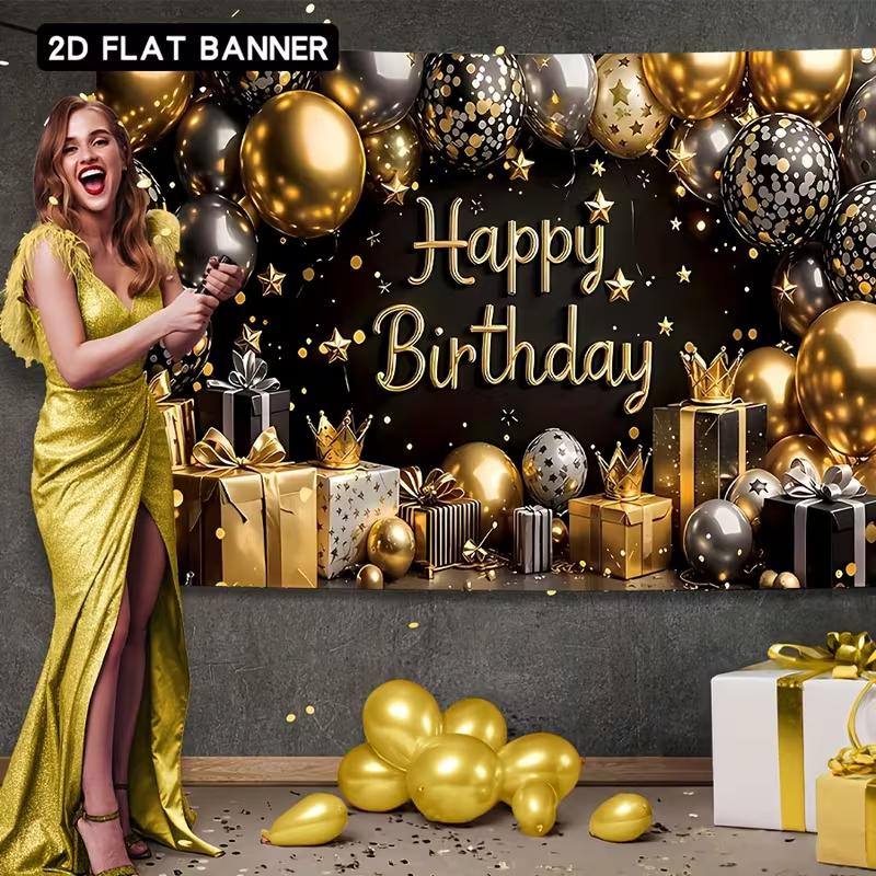 2D Luxury Black Gold Birthday Banner for Night & Adult Themed Parties