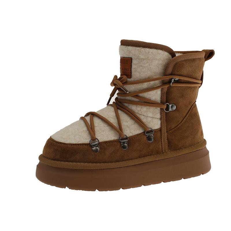 Platform Fleece Snow Boots Women's  Winter New Slip-on Fur All-in-One Lace Warm Booties