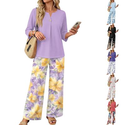 Women's Casual Printed 3/4 Sleeve Button Front Top and Wide Leg Pants 2 Piece Set