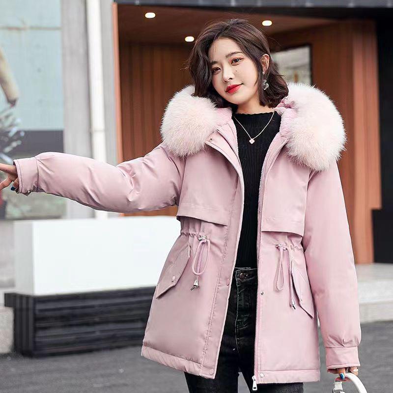 Women's Mid-Length Winter Parka: Loose Korean Style Cotton Coat, Fur-Lined and Velvet-Thickened.