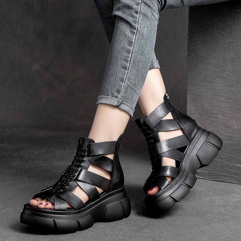 GKTINOO Genuine Leather Women Shoes Summer Sandals 2025 New Zip Retro Wedges Handmade Weave Casual Concise Platform Sandals