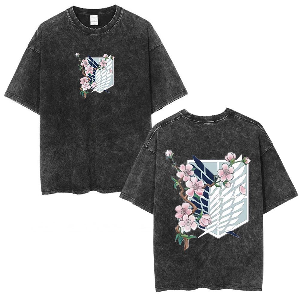 Anime Attack on Titan Washed T Shirt Men Cotton Casual Short Sleeve T-shirt Manga Levi Ackerman Oversized T-shirts Streetwear