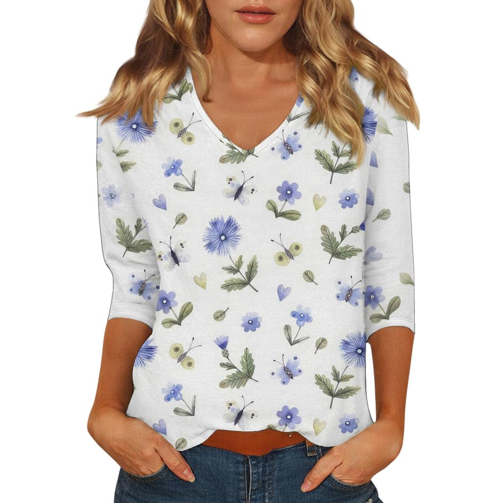 Women's Casual Fashion Sexy Comfortable V-Neck Floral Seven Sleeve Top
