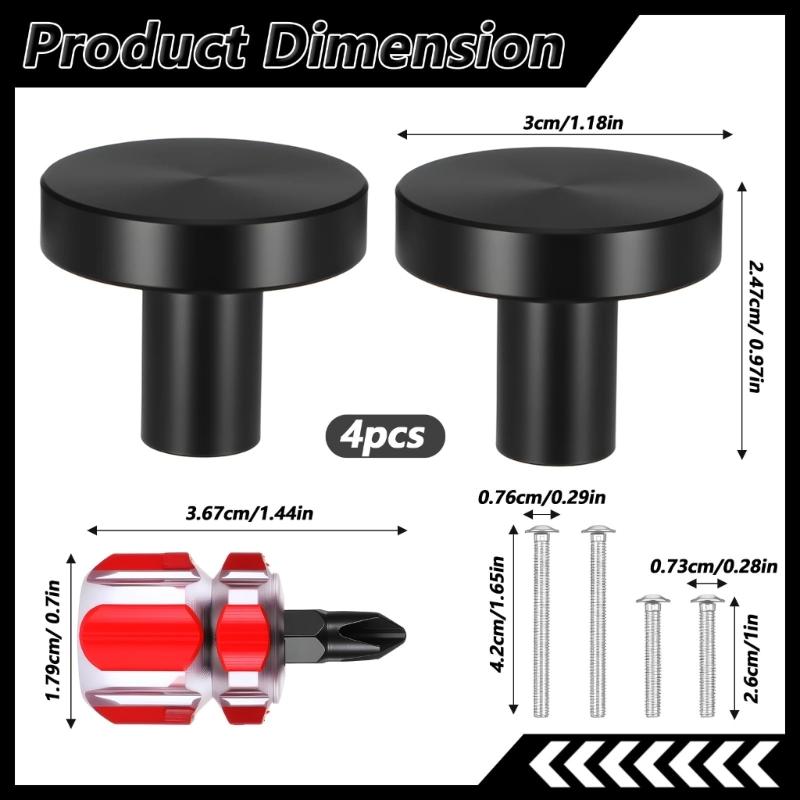 Black Round Drawer Knobs, Four Furniture Pull Handles with Screws and Screwdriver for Cupboard Updates, Wardrobes and Drawer Fronts