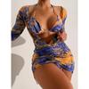 Women's Split Three Piece Set Printed Net Red Tie Dyed Lace Up Drawstring Swimsuit Bikini Sets