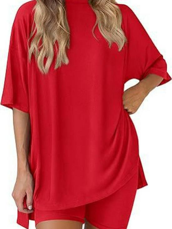 2026 Women's Casual Round Neck Slit Loose Short Sleeve Home Wear Set