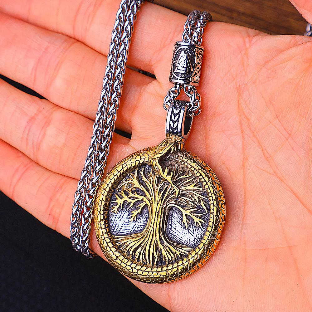 Nordic Tree of Life Pendant Necklace Stainless Steel Vintage Yggdrasil Ourobles Necklace Men Scandinavian Jewelry
