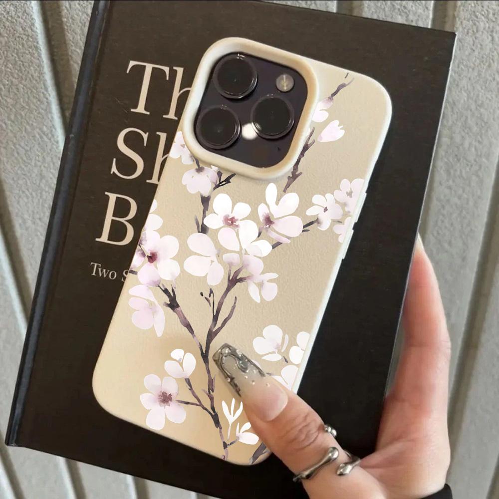 HOT Orchid Plum Blossom Luxury Lichee Leather Pattern Phone Case For iPhone 17 16e 16 15 14 13 12 11 Air Pro Max Plus X XR XSMax