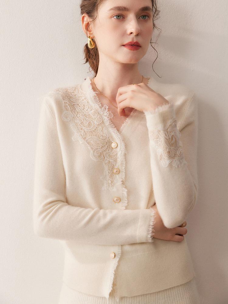 2025 A/W Women's V-neck Lace Cashmere Cardigan Sweater - Solid Color, Loose Fit