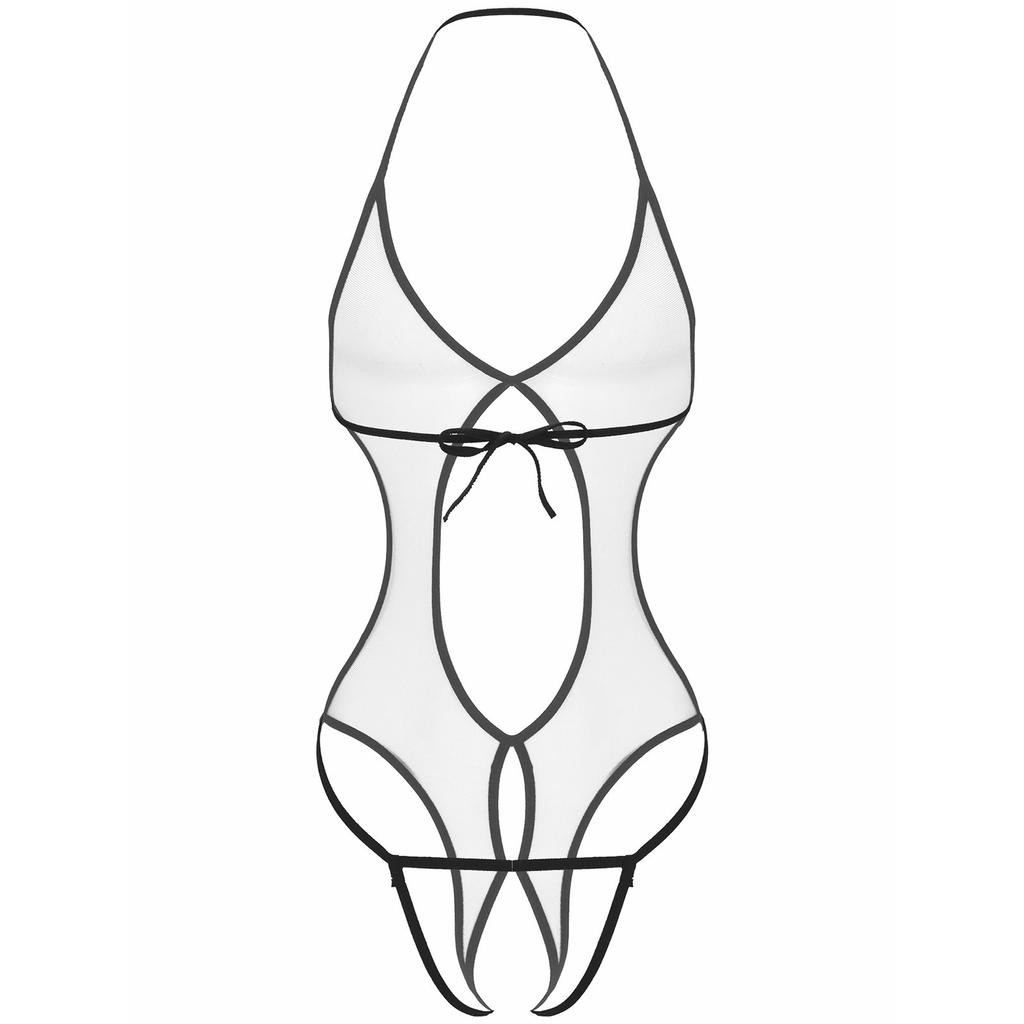 Costume da bagno intero da uomo e da donna in rete trasparente. Costume da bagno intero con scollo all'americana