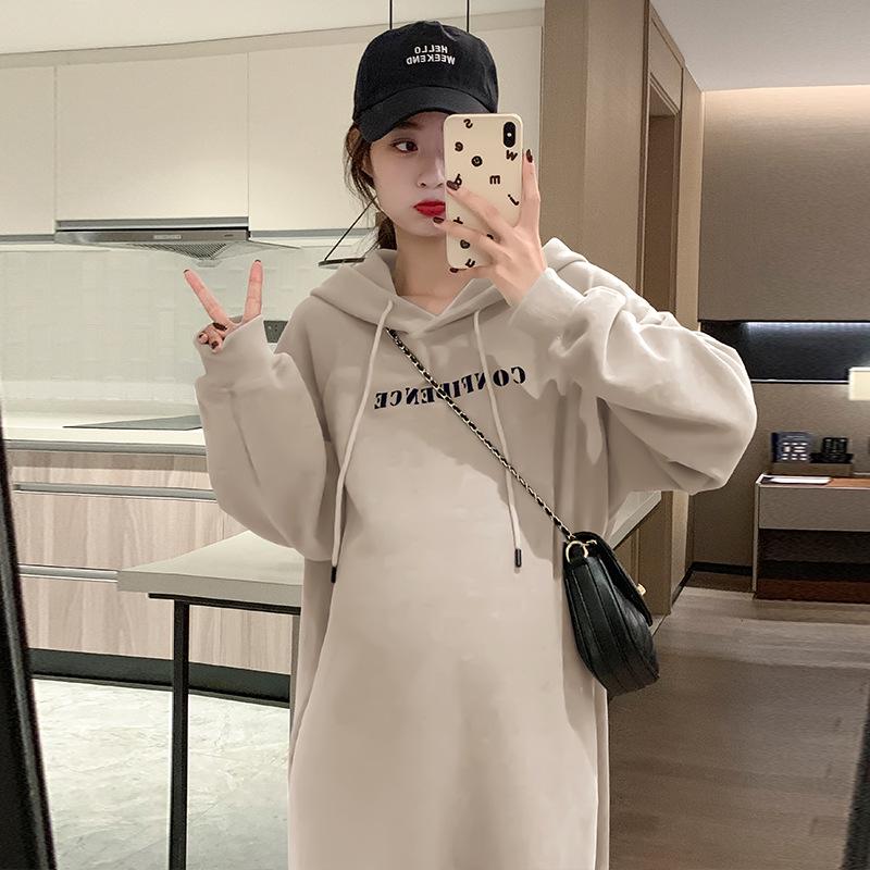 2025 Stylish Grey Maternity Hoodie Dress with Letter Print and Drawstring for Autumn/Winter L