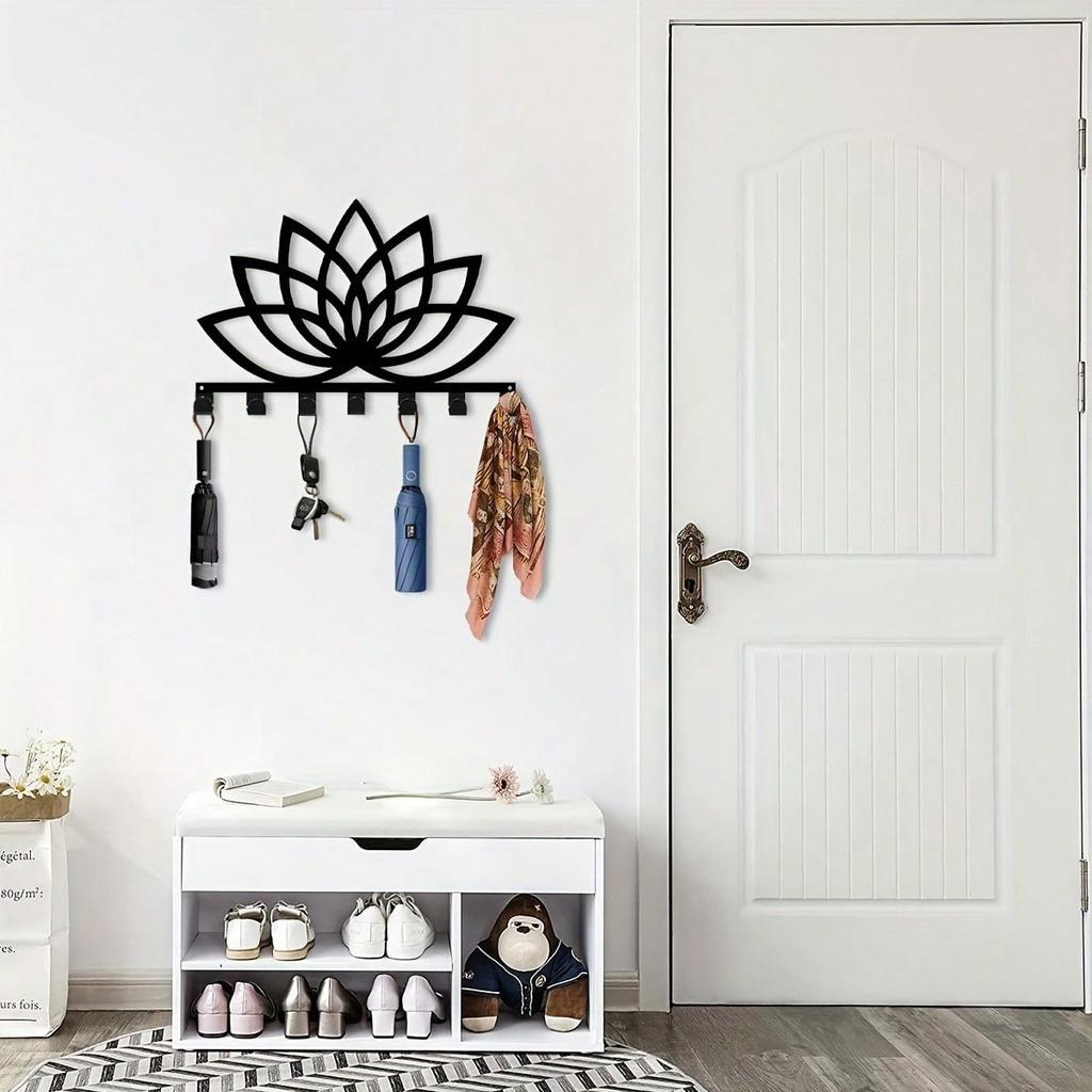 Lotus Key Holder 11.81 Inch Black Metal Wall Mount Decor for Home Office Outdoor Gift