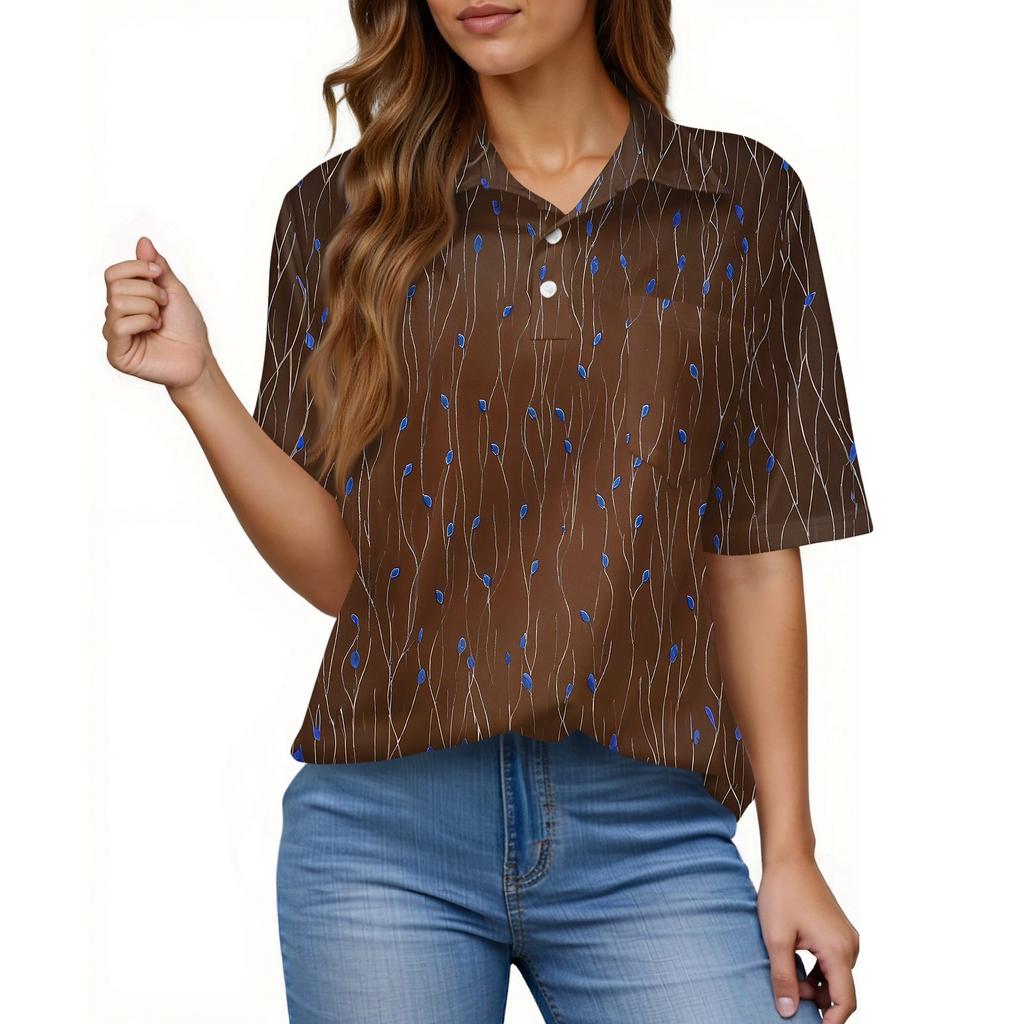 Damenmode Lässig Knopf Tasche Hemd Kurze Ärmel Druck Revers Oberteil
